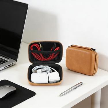 Imagem de Capa de fone de ouvido portátil bolsa de armazenamento organizador de acessórios para celular, armazenamento de cabo de dados, mini caixa de chave - marrom