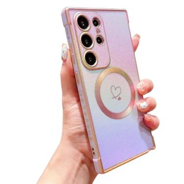 Imagem de Capa magnética galvanizada a laser coração amor para Samsung, compatível com carregamento sem fio MagSafe (roxo, Samsung Galaxy S25 Ultra)