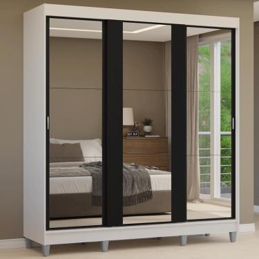 Imagem de Guarda Roupa Casal Reno 3 Portas de Correr 4 Gavetas MDP com Espelho Branco-Preto Madesa