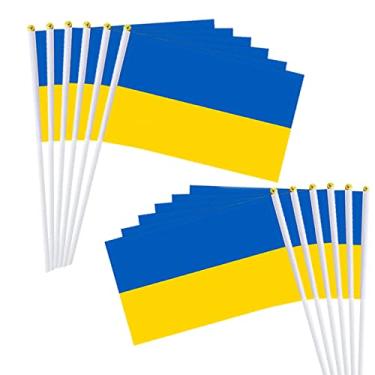 Imagem de Bandeira da Ucrânia feita à mão 5x8, 100 pçs mini bandeira de jardim da Ucrânia com bastão de plástico, bandeira de mesa da Ucrânia, bandeira de carro da Ucrânia bandeiras e bandeiras para ambientes externos internos