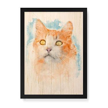 Imagem de Arte Maníacos Quadro Decorativo em Madeira Gato Aquarela - 23x16,25cm (Moldura caixa em laca preta)