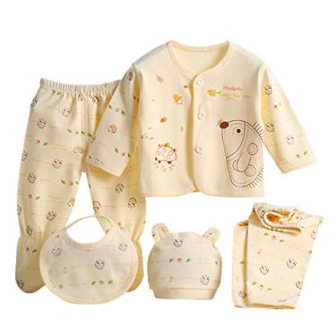 Imagem de Mercatoo Conjuntos de roupas de bebê blusa de manga + chapéu + calça menino desenho animado roupa de bebê menina 5 peças conjunto longo + babador meninas, Amarelo, Tamanho Único