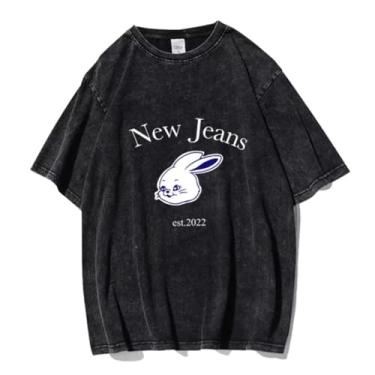 Imagem de Nova camiseta jeans Merch K-pop vintage envelhecida decolor algodão preto solto, 02, XXG