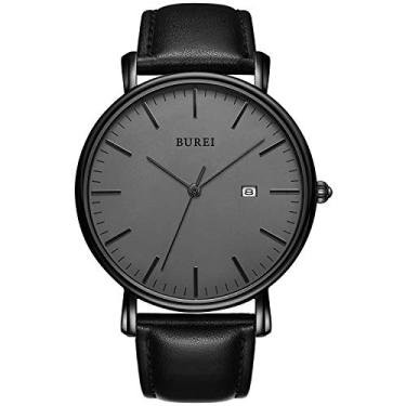 Imagem de BUREI Relógio de pulso masculino minimalista, à prova d'água, simples, ultrafino, analógico, quartzo, data com pulseira de couro marrom preto, Cinza escuro, Minimalista