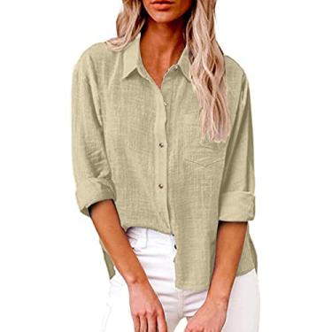 Imagem de Tops de verão para mulheres 2024 camisas de botão casuais verão manga longa algodão linho blusa plus size fenda lateral, Ofertas flash bege, 4G