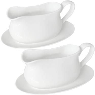 Imagem de Qlans Molho de molho com suporte para pires, 500 ml, molheiro de cerâmica com bandeja para molhos de salada, creme, caldo, pimenta preta, conjunto de 2