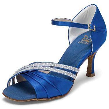 Imagem de JIAJIA 20524 Sandália Feminina de Cetim Salto Flare 7,5cm Sapato para Dança Latina Salsa Profissional Cor Azul,Tamanho BR 33/EU 35