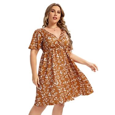 Imagem de AMZ PLUS Vestido feminino plus size casual, vestido rodado, plus size, minivestido de festa, Amarelo, 3G