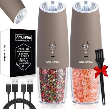 Imagem de AmuseWit Conjunto de moedor elétrico de sal e pimenta por gravidade [luz branca] Moedores automáticos de pimenta e sal recarregáveis por USB, grossura ajustável, operação com uma mão, Greige
