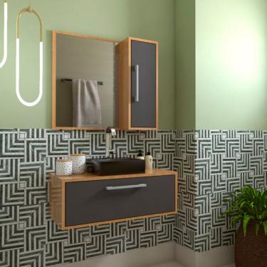 Imagem de Conjunto de Gabinete com Cuba Preta e Armário de Banheiro com Espelho Alice 2 PT Mel e Grafite