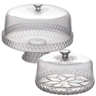 Imagem de Kit boleira com pé e queijeira de plástico Cristal incolor Plasutil