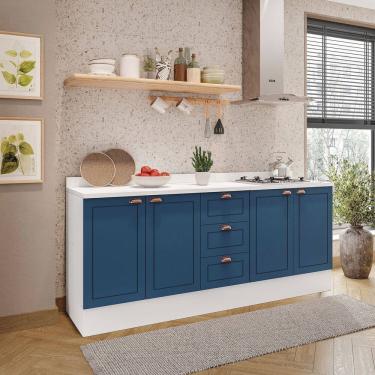 Imagem de Cozinha Pérola com Rodapé e Tampo 2 Peças Balcão 2 Gavetas 3 Portas e Balcão 2 Portas Yescasa Branco/Azul