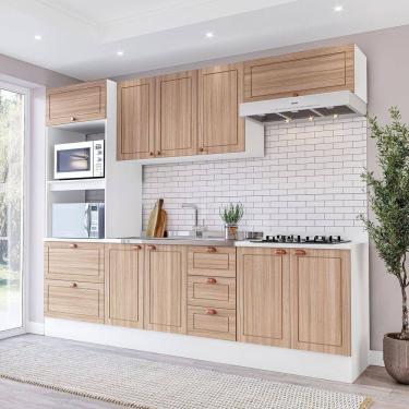 Imagem de Cozinha Pérola com Rodapé 5 Peças Torre Quente Aéreo 3 Portas Balcão 120 Balcão 80 e Basculante Yesc Branco/Carvalho