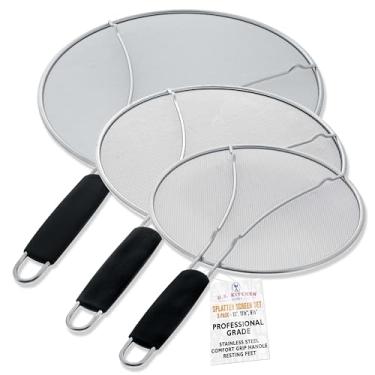 Imagem de U.S. Kitchen Supply Tela de salpicos de malha fina de aço inoxidável de 33 cm, 29 cm, 24 cm com pés de descanso, alças pretas confortáveis – Use em panelas de ebulição, frigideiras – protetor de óleo de graxa, tampa de cozinha segura