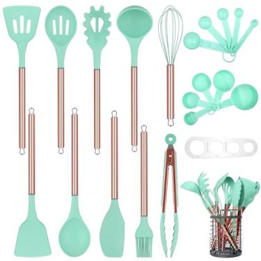 Imagem de Arquiel Conjunto de utensílios de cozinha verde com suporte, 22 peças de utensílios de cozinha de silicone para panelas antiaderentes, conjunto de espátula resistente ao calor, conjunto de utensílios
