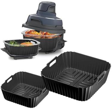 Imagem de 2 peças para forros de silicone Ninja Crispi FN101GY Air Fryer, acessórios antiaderentes para fritadeira de vidro Ninja, forro grande para recipiente de 4 litros e forro pequeno para recipiente de 6