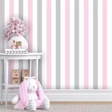 Imagem de Papel de Parede Lavável Adesivo Autocolante - Listrado em Rosa, Branco e Cinza - Decoração Infantil (3)