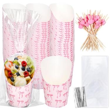 Imagem de FYSUIMU 50 peças de copos de charcutaria de laço rosa com palitos de plástico, sacos de guloseimas prateadas, suporte de copo de batatas fritas de 396 g para casa, cozinha, casamento, chá de bebê,