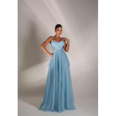Imagem de Vestido Longo de Festa Luxo Corpete Saia Babados Formatura Madrinha (BR, Alfa, G, Regular, Alto, Azul Serenity)
