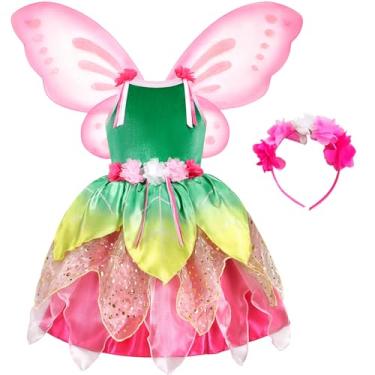 Imagem de TYHTYM Fairy Costume for Girls Pink Flower Tinkerbell Dress Up Princess Cosplay Toddler Halloween Christmas Party with Wings (Pink, 6-7Y)