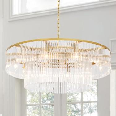 Imagem de Akeelighting Lustres De Ouro Lustre De Vidro Moderno Iluminação 10 Luzes Teto Alto Foyer Sala De Jantar Teto Pendente Lustre 2 Camadas Luminária Sala De Estar 32"