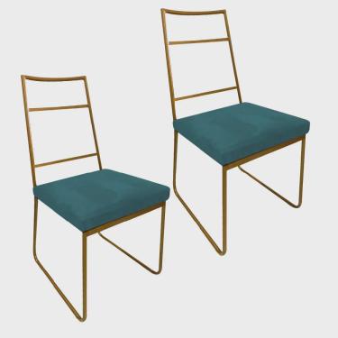 Imagem de Kit 02 Cadeiras Sala de Jantar Escritório Office Stark Industrial Ferro Dourado Suede Azul Turquesa - Ahz Móveis