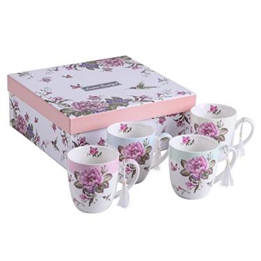 Imagem de London Boutique Conjunto de 4 canecas de xícara de café de cerâmica pássaro rosa borboleta chique design em caixa de presente 330 ml 325 ml
