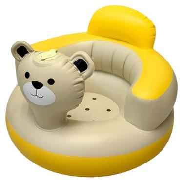 Imagem de Cadeira de bebê inflável assento de bebê inflável bomba embutida cadeira de bebê inflável dobrável padrão de urso amarelo com travesseiro de pescoço e orifícios de drenagem, banheiro sofá de bebê para