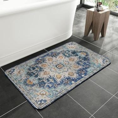 Imagem de jajoaier Tapete étnico azul claro floral para banheiro, tapetes de banho macios e antiderrapantes, tapete lavável à máquina de secagem rápida para chuveiro, banheira, acessórios de banheiro de cozinha