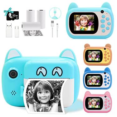 Imagem de Câmera de impressão instantânea para crianças, câmera digital de selfie atualizada, sem tinta, câmera de vídeo HD 1080p com 3 rolos de papel de impressão, 1000 mAh, lente dupla, cartão SD de 32 G para