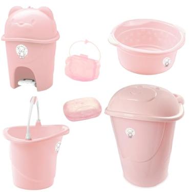 Imagem de Kit Adoleta 6 pçs Cesto De Roupas Para Bebê Balde Bacia E Lixeira (Rosa)
