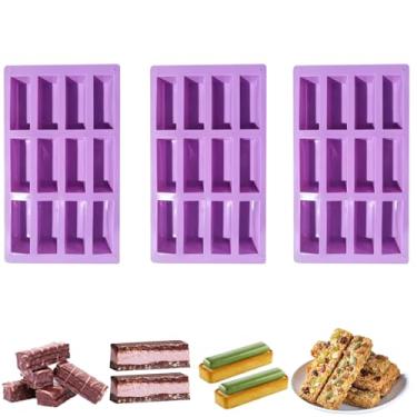 Imagem de HLCM 3 moldes de barra de aveia - 12 moldes retangulares de silicone - Molde de silicone de chocolate para assar doces/barras energéticas, cheesecake, biscoitos de cereais de frutas secas (3, roxo)