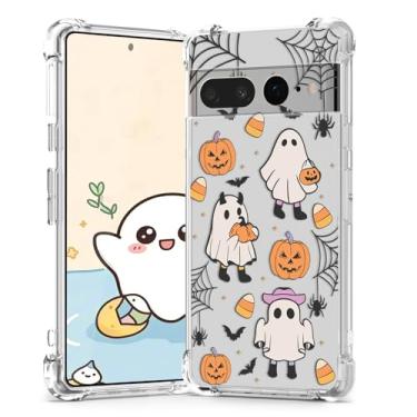 Imagem de XIMIZU Capa de Halloween para Google Pixel 7 Pro Pumpkin, design de gato fantasma, macia, fina, TPU antiarranhões, à prova de choque, capa de celular transparente para Google Pixel 7 Pro