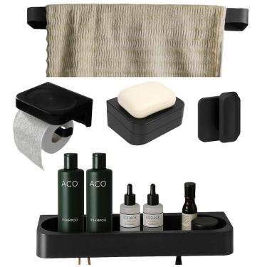Imagem de Kit Banheiro 5pç Saboneteira + Papeleira + Porta Shampoo + Toalheiro Gancho Com Adesivo...