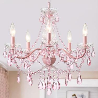 Imagem de AMZASA Lustre rosa cristal moderno, sem cristal acrílico, luz pendente de cristais rosa para quarto de meninas, medalhões de teto, lustre de vidro de fazenda para casamento, cozinha, jantar, hall de