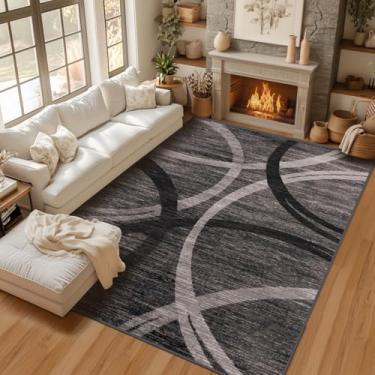 Imagem de Tapetes laváveis de grande área 5 × 7, tapete geométrico moderno abstrato de alto tráfego para sala de estar, escritório, quarto e sala de jantar, antiderrapante, cinza