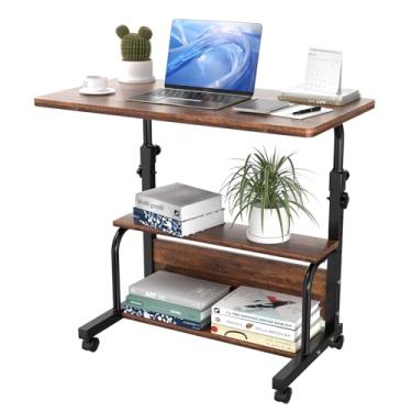 Imagem de QZMDSM Mesa portátil com rodinhas com prateleiras de armazenamento para escritório em casa, mesa pequena em pé com altura ajustável para espaços pequenos, rústica escura