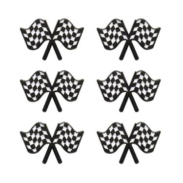 Imagem de RUIFUU 6 peças de pinos esmaltados de bandeira de corrida, preto e branco, broche de crachá de tabuleiro de xadrez divertido, presente de carro de corrida para amantes de corrida, roupas, chapéus