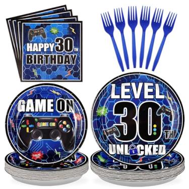 Imagem de Grencian 96 peças 30º pratos de decoração de festa de videogame para homens, azul, preto, 30º suprimentos, pratos de aniversário de nível 30, azul, conjunto de utensílios de mesa descartáveis para