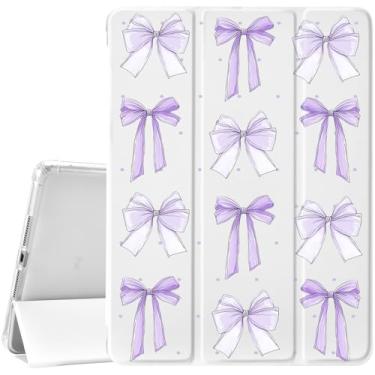 Imagem de JOYLAND Capa protetora para iPad 6ª/5ª geração (2018/2017)/Air 2/Air de 9,7 polegadas com suporte para lápis, ponta ondulada e laço roxo, suporte triplo com parte traseira de TPU macio, branca