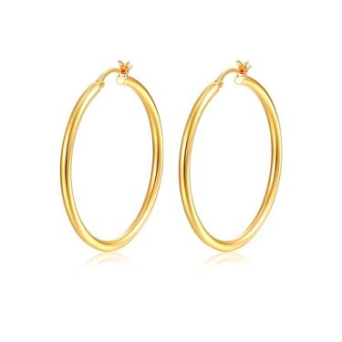 Imagem de Lansora Brincos de argola minimalistas, banhados a ouro, leves, cliques, grandes, redondos, para mulheres e homens, 30/40/50/60 mm, Cobre, Sem pedra preciosa