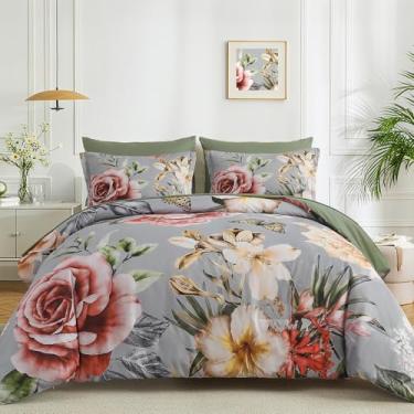 Imagem de Menghomeus Conjunto de edredom King cinza com 7 peças, floral, conjunto de lençol com lençol de microfibra macia para todas as estações