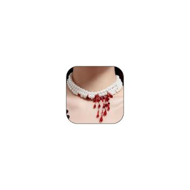 Imagem de Colar gótico de sangue pingando para mulheres, colar de vampiro, colar de pérolas em camadas, colar com pingente de cristal vermelho, festa de Halloween, bijuterias, presentes, Large, Pérola, Sem
