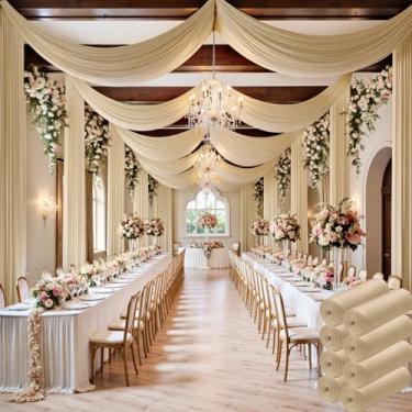 Imagem de Cortina de teto bege de 40 pés × 20 pés para festas de casamento, tecido drapeado de poliéster sem rugas, cortina bege para festa, barraca, hotel, banquete, salão, decoração de teto, 8 painéis, 5 × 20