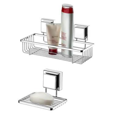 Imagem de kit lavabo banheiro cromado ventosa 02 peças Future porta shampoo e saboneteira 8051 8050