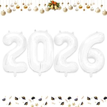 Imagem de Balões de 101 cm 2026 com números de folha branca para celebração do festival de ano novo de 2026 ou decorações de artigos de festa de aniversário, balão de ano novo 2026, balão de véspera de ano novo