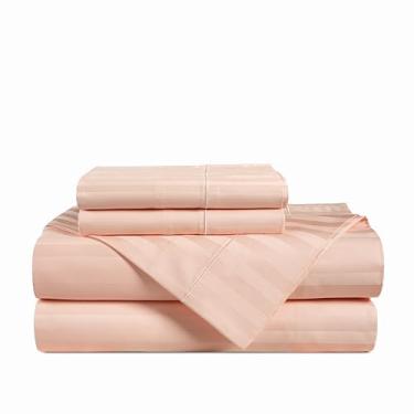 Imagem de Casa Platino Jogo de Lençóis 100% Algodão Egípcio Twin GG - 4 Peças - Listra Damasco - Contagem de 1000 Fios - Conjunto de Lençóis de Cetim Ultra Suave com Bolsos Profundos de 38 cm - Rosa Velada