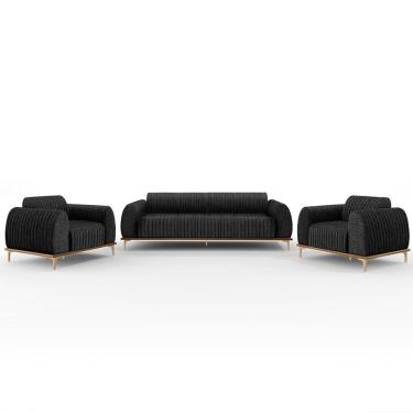 Imagem de Kit Sofá 2 Lugares 150cm Com 2 Poltronas Molino Pés D`ouro D02 Linho Chumbo D-465 - Lyam Decor