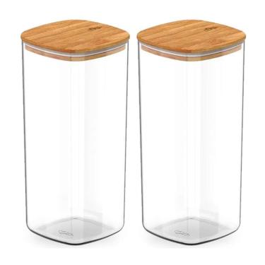 Imagem de Kit 2 Pote Hermético Tampa De Bambu Transparente 1,5L Ou