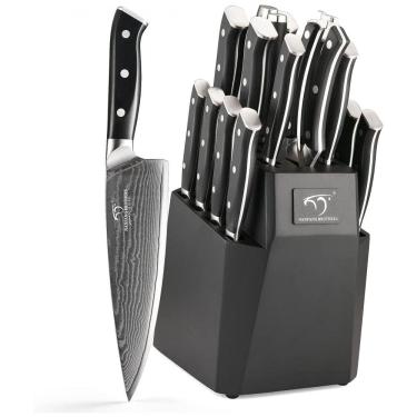 Imagem de Conjunto de Facas em Aço Damasco VG10 com Bloco de Bancada e Cabo Ergonômico, 18 Peças, NANFANG BROTHERS, Preto
